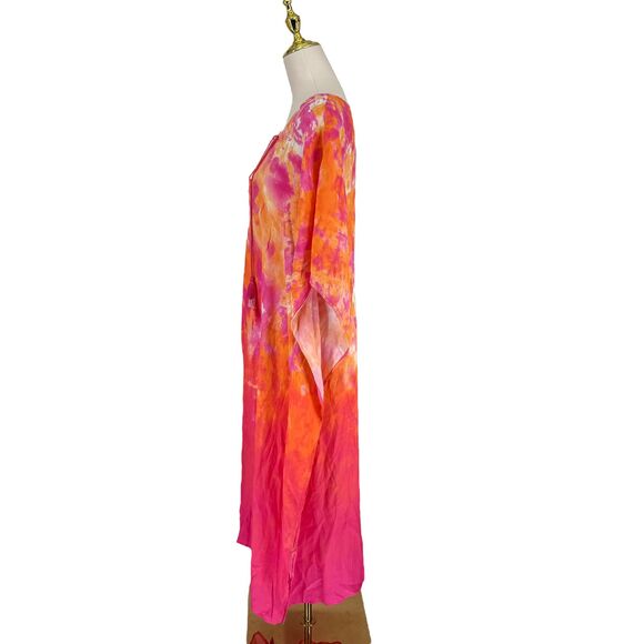 Tommy Bahama Tidal Tie Dye V-Neck Long Caftan L XL Pink Cover Up Tassel Beach - Picture 7 of 14